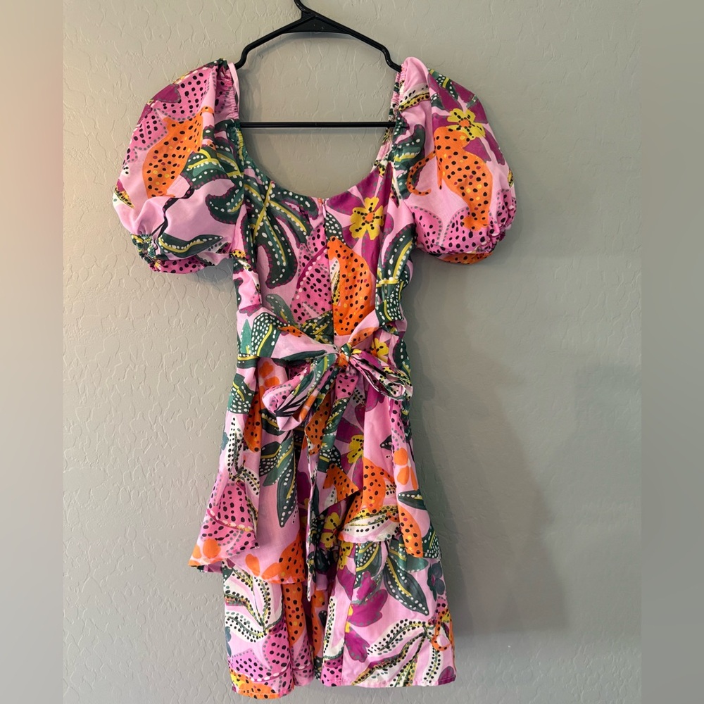 Floral Puff-Sleeve Pink Tie-Waist Dress